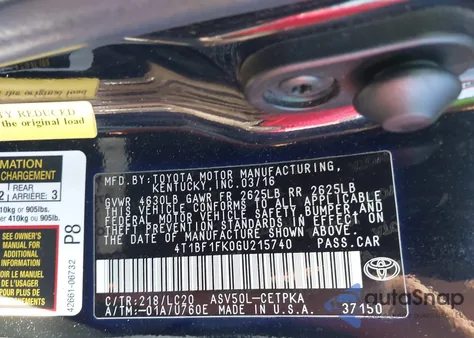 2016 Toyota Camry Xse z USA, uszkodzony, nr VIN 4T1BF1FK0GU215740